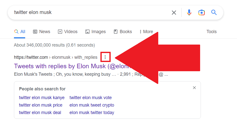 Google Chrome search results showing the Elon Musk Twitter link with the three-dot icon next to the link highlighted in red