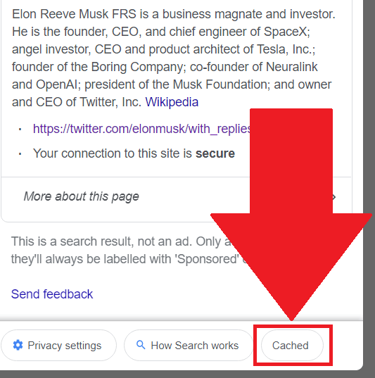 Options menu about a search result on Google with the "Cached" button highlighted in red