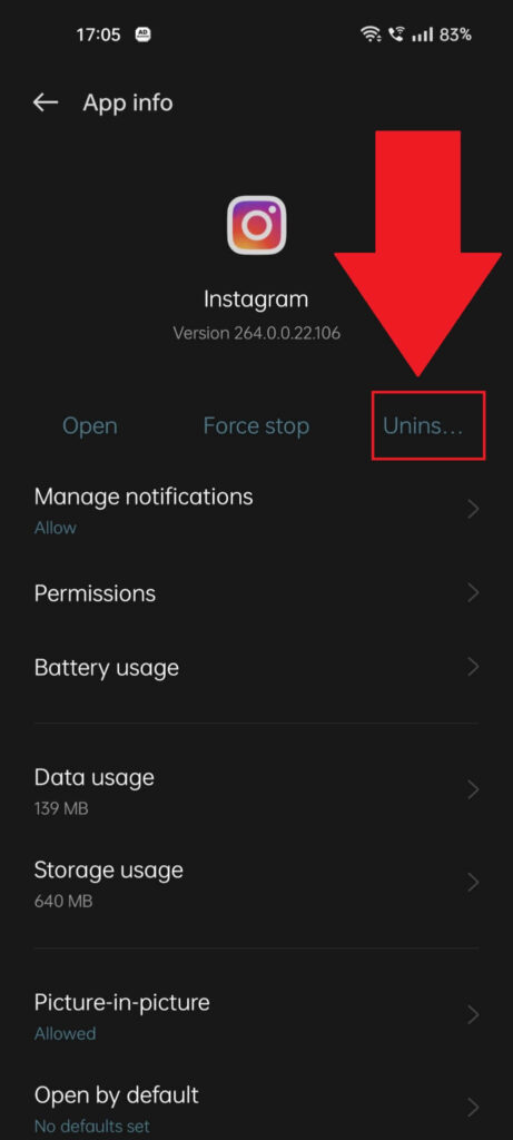 Instagram "App info" page where the "Uninstall" button is highlighted in red