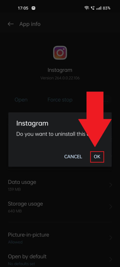 Instagram "Uninstall" confirmation screen showing the "Ok" button highlighted