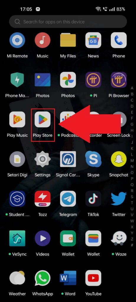 Android phone app list showing the "Play Store" app highlighted in red