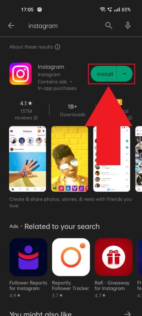 Instagram official page on the Play Store, where the "Install" button is highlighted in red