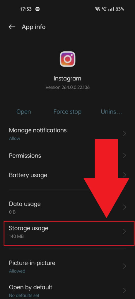 Instagram App Info page showing the "Storage usage" option highlighted in red
