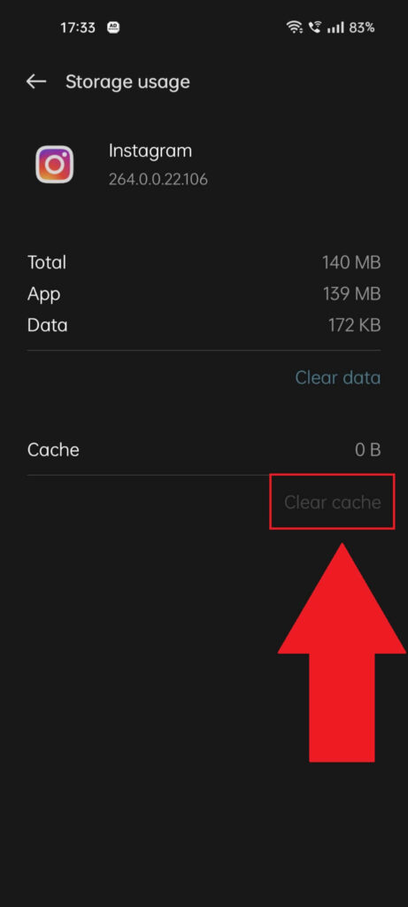 Instagram "Storage usage" page where the "Clear cache" option is selected