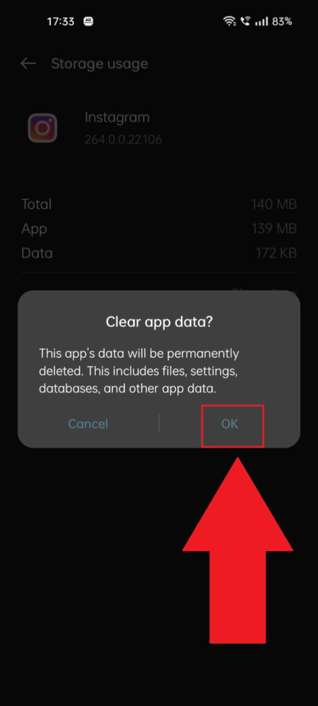 Instagram "Clear app data" confirmation window showing the "Ok" option highlighted
