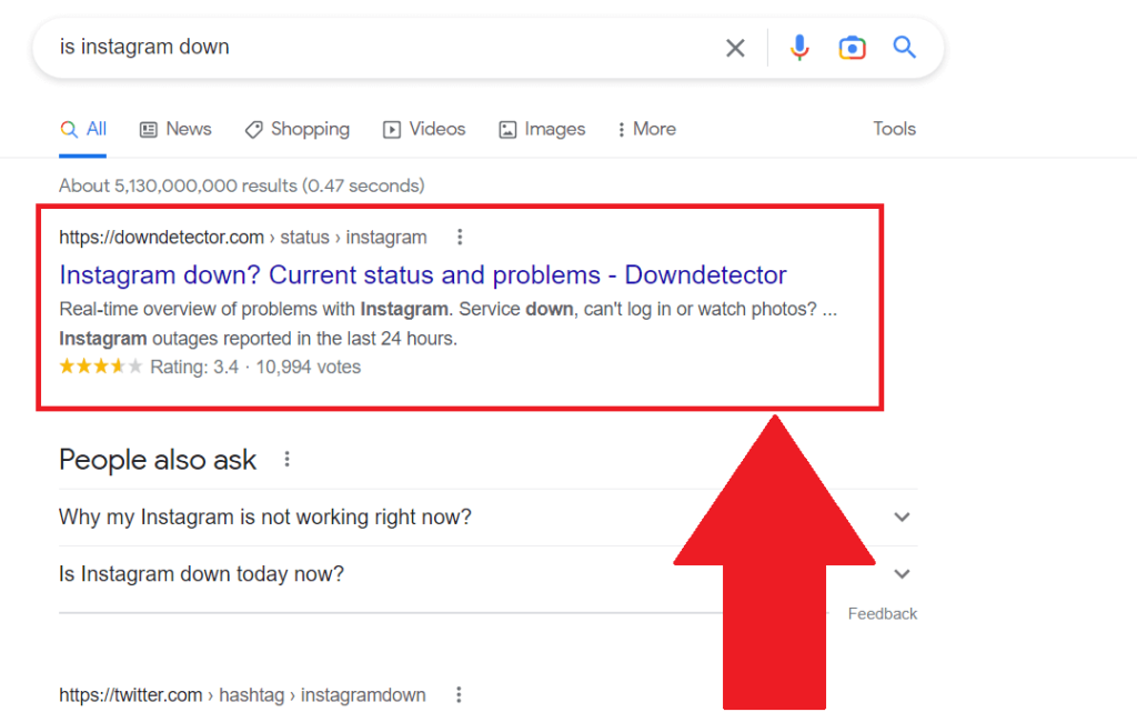 Google Chrome search results showing the DownDetector website highlighted in red