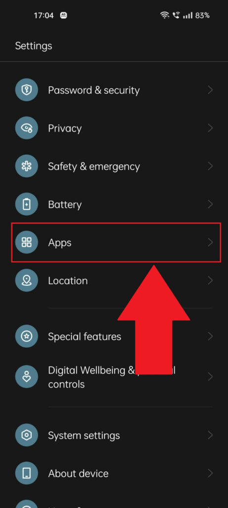 Android phone settings showing the "Apps" option highlighted in red