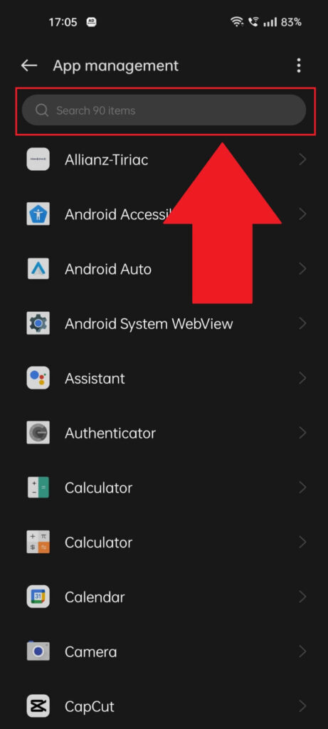 Android phone "App management" page showing a list of all the installed apps, and the search bar highlighted in red