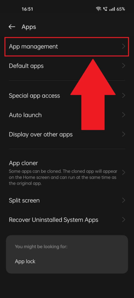 Android phone app settings showing the "App management" option highlighted in red