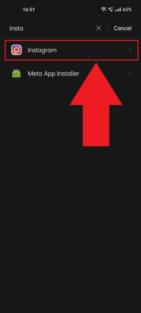 Android phone app list where the "Instagram" app is highlighted
