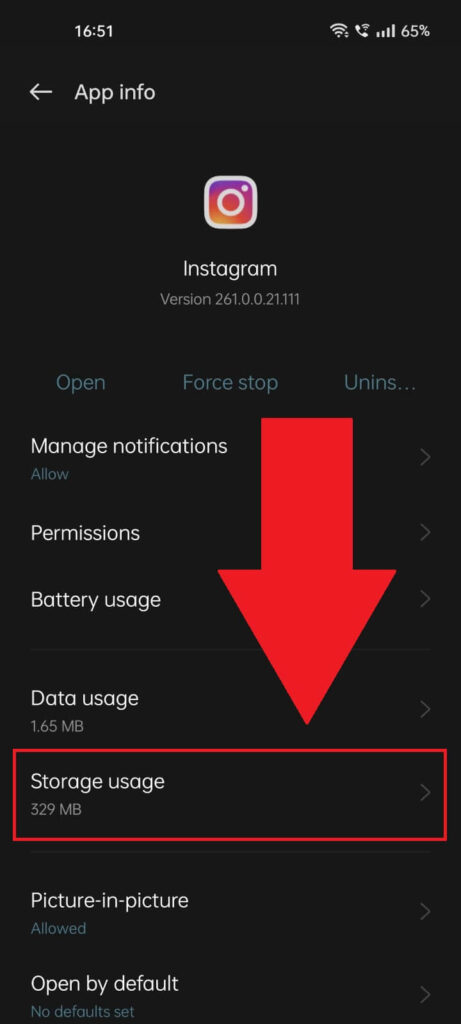 Instagram App Info page where the "Storage usage" option is highlighted and selected