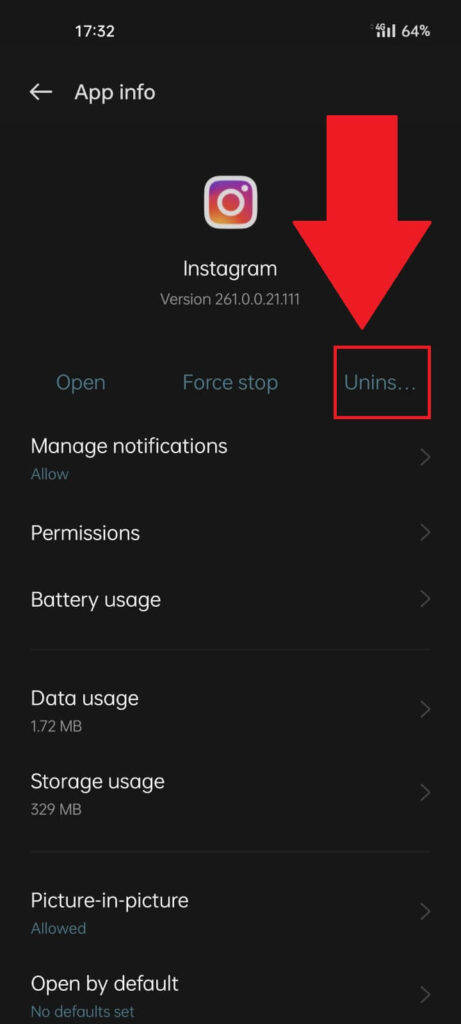 Instagram App Info page where the "Uninstall" icon is highlighted