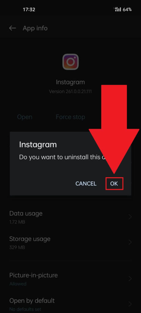 Instagram uninstall confirmation screen where the "OK" button is highlighted