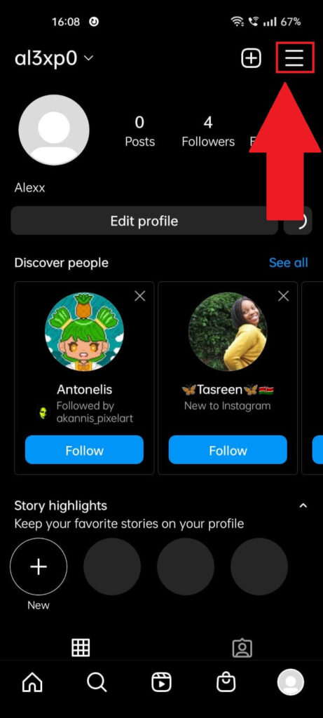 Instagram profile page showing the Hamburger icon highlighted 