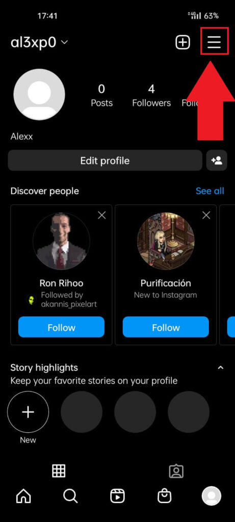 Instagram profile page showing the Hamburger icon highlighted 