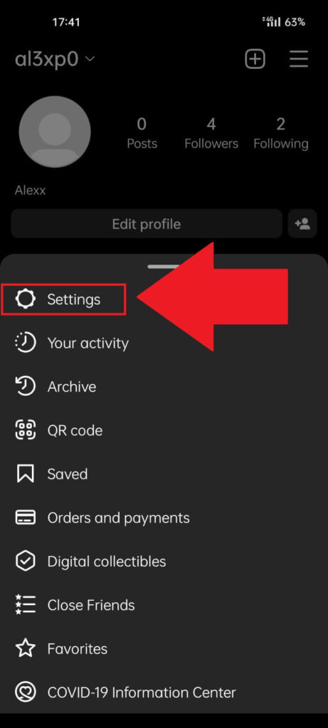 Instagram profile page where the "Settings" option at the bottom of the page is highlighted