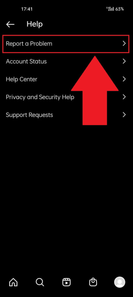 Instagram "Help" page showing the "Report a problem" option highlighted at the top of the page