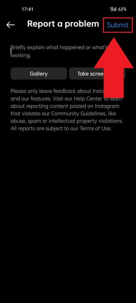 Instagram "Report a problem" page showing a text box where you can explain the problem and the "Submit" button highlighted in red