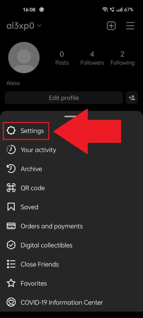 Instagram profile page showing the "Settings" option selected from the bottom menu