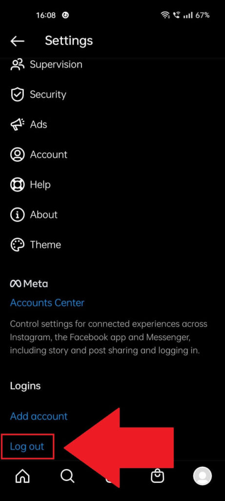 Instagram settings page where the "Log out" button is highlighted 
