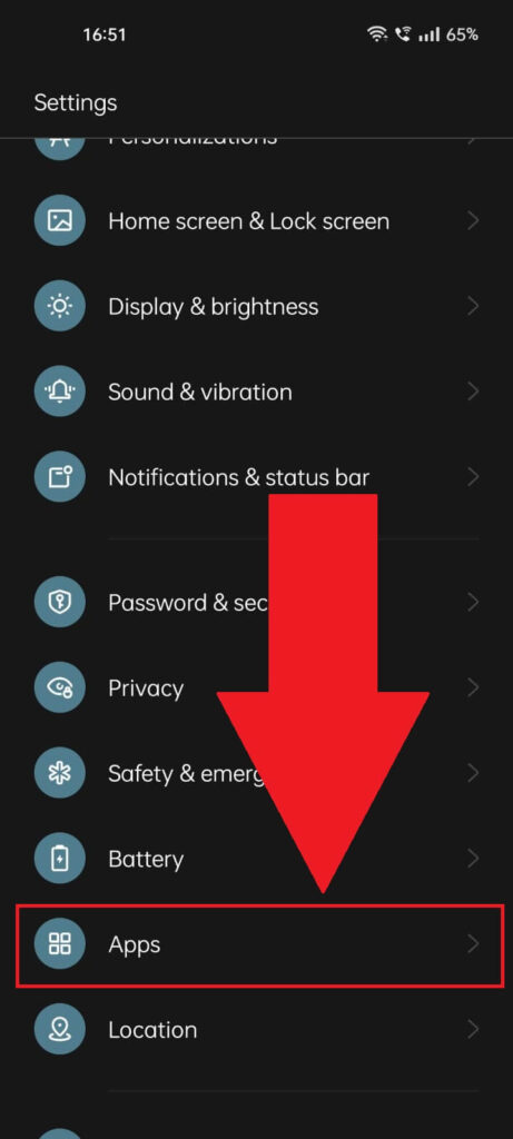Android phone settings showing the "Apps" option highlighted