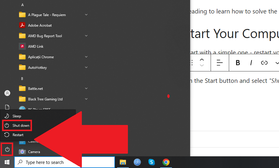 Windows 10 taskbar showing the "Shut down" button highlighted in red