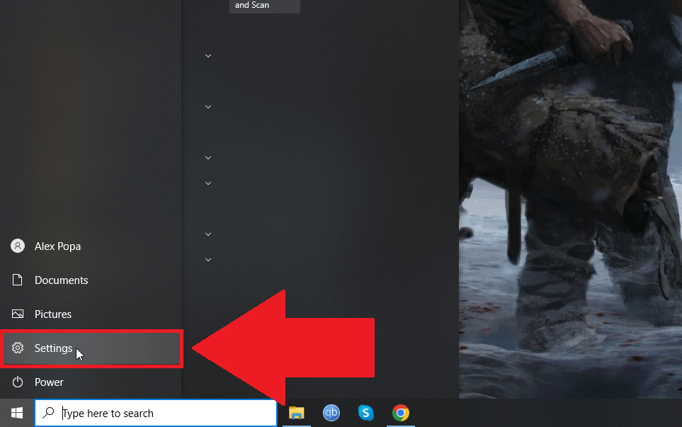 Windows 10 taskbar showing the "Settings" option highlighted in red