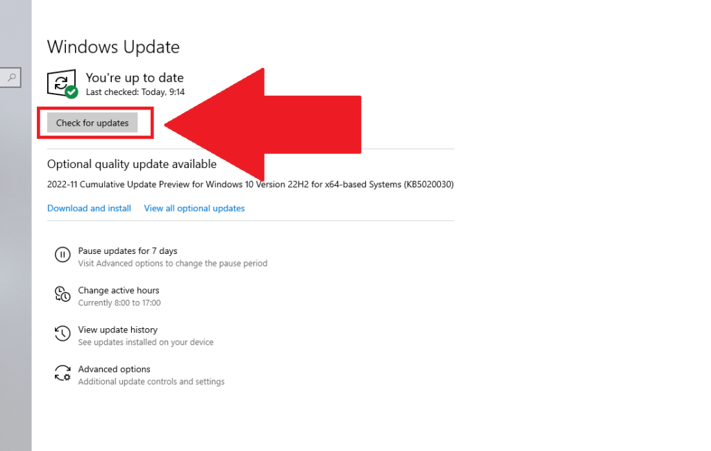 Windows 10 "Windows Update" window where the "Check for updates" button is highlighted in red