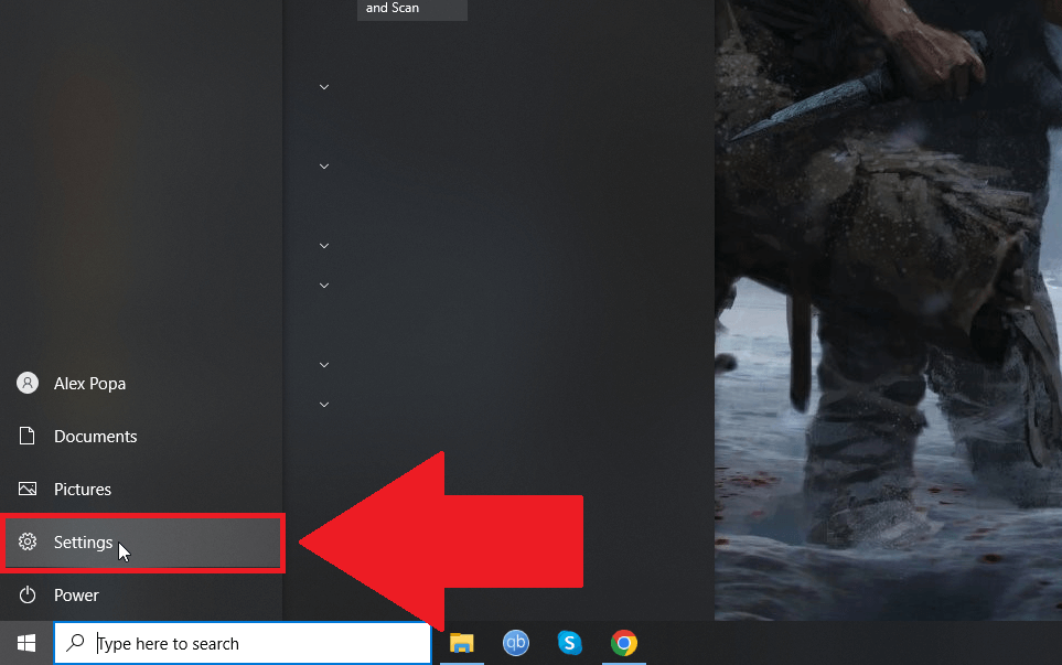 Windows 10 taskbar showing the "Settings" option highlighted in the Start menu