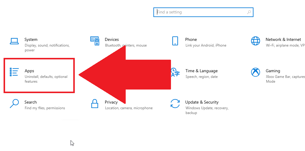 Windows 10 "Settings" window where the "Apps" option is highlighted in red