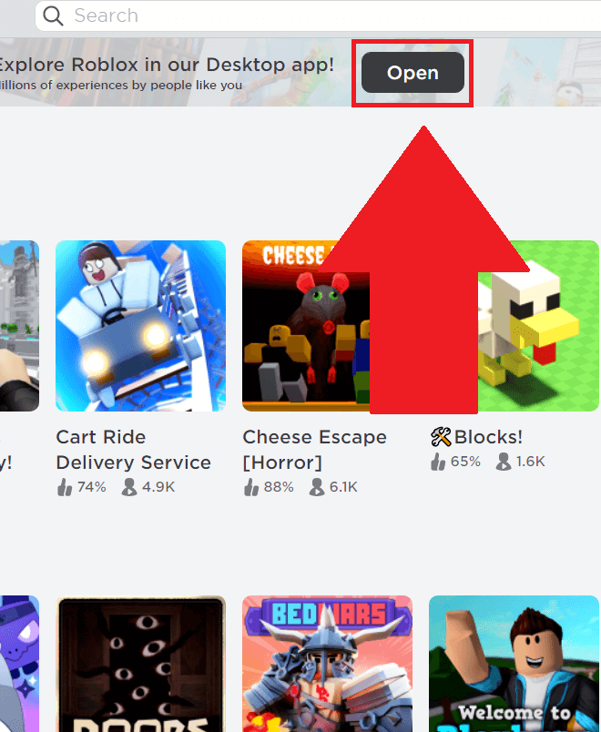 Roblox official website on a Chrome browser showing the "Open" button highlighted at the top of the homepage