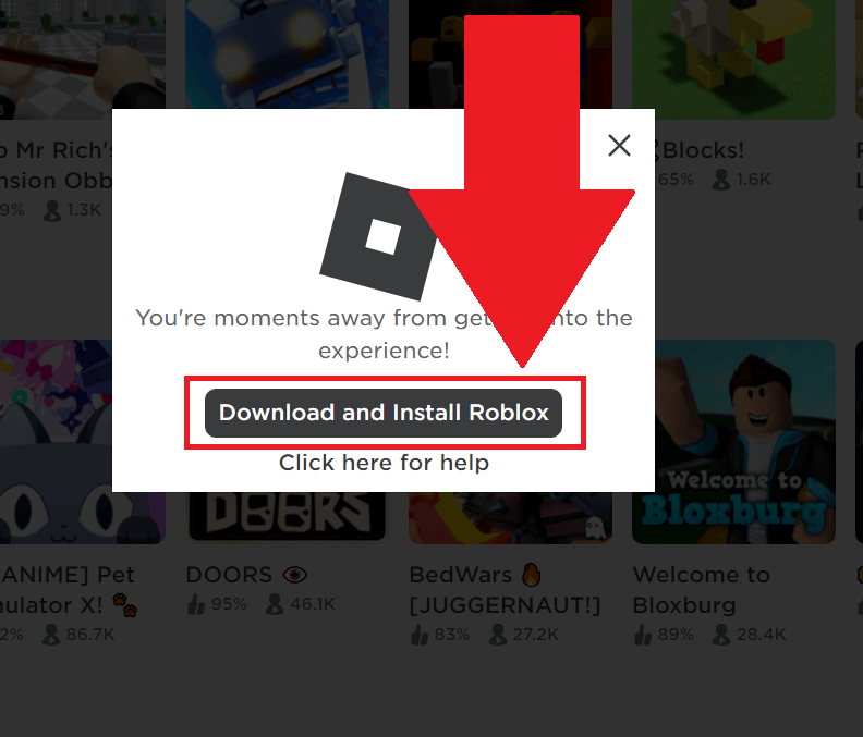 Roblox official website where the "Download and Install Roblox" button is highlighted