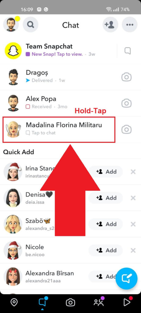Snapchat "Chats" page showing a friend's chat highlighted in red and the "Hold-Tap" message near it