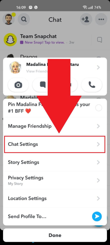 Snapchat Chat Options showing the "Chat Settings" option highlighted in red