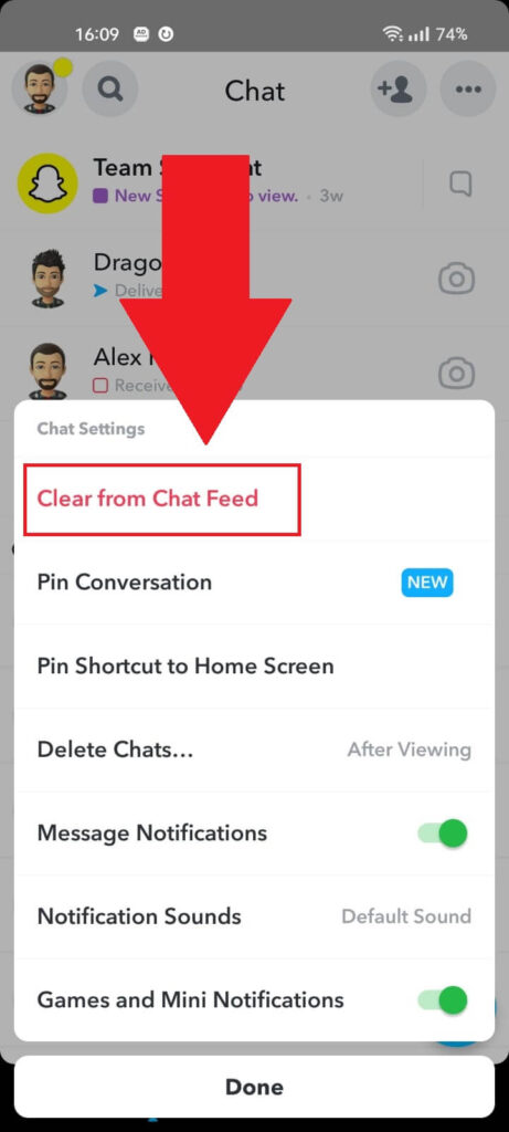 Snapchat Chat Settings where the "Clear from Chat Feed" button is highlighted in red