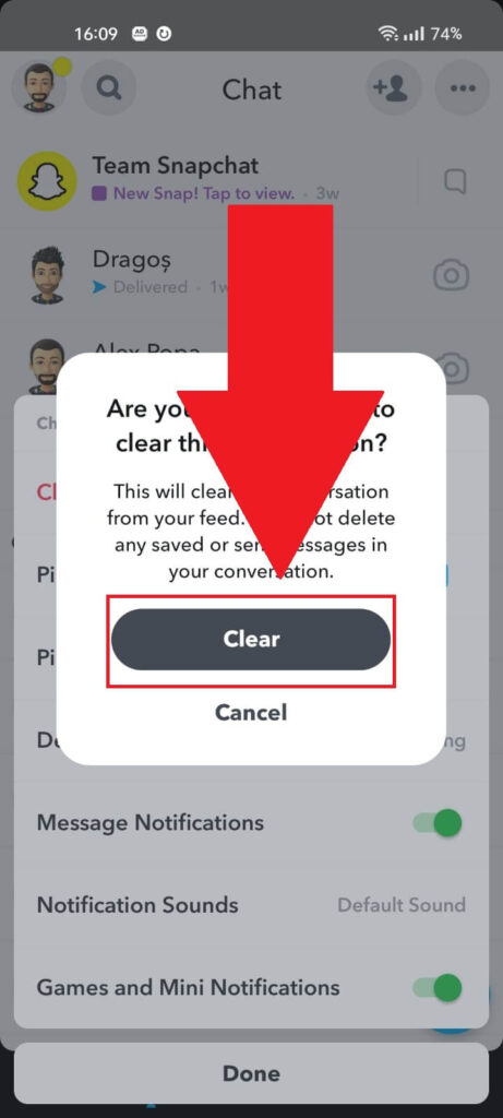 Snapchat confirmation page where the "Clear" option is selected and highlighted