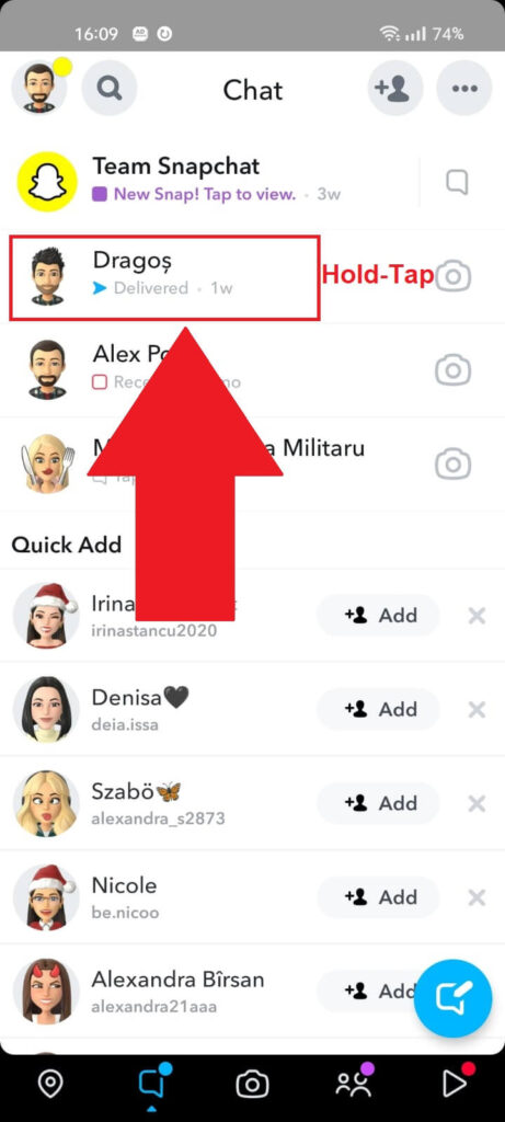 Snapchat Chat Feed showing a friend's chat highlighted in red with the "Hold-Tap" message near it