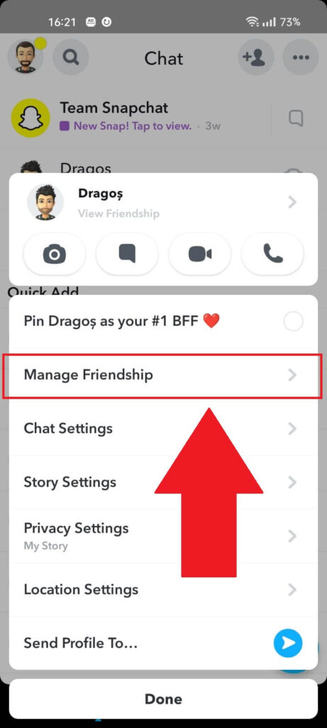 Snapchat Chat settings showing the "Manage Friendship" option highlighted in red