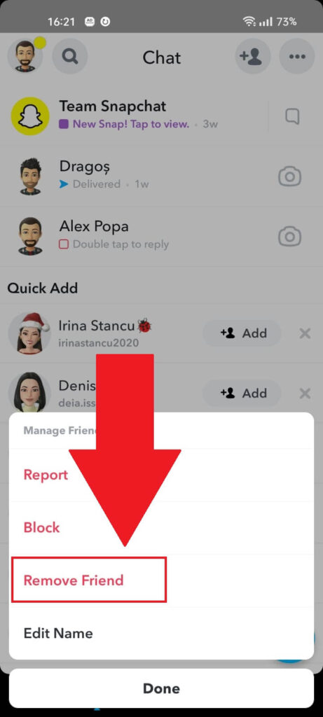 Snapchat "Manage Friendship" page with the "Remove Friend" button highlighted 