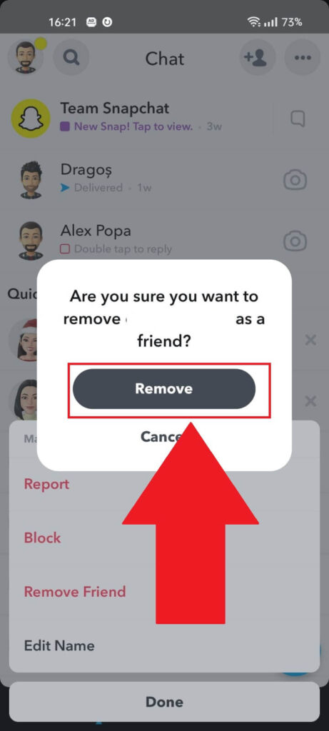 Snapchat confirmation window showing the "Remove" button highlighted