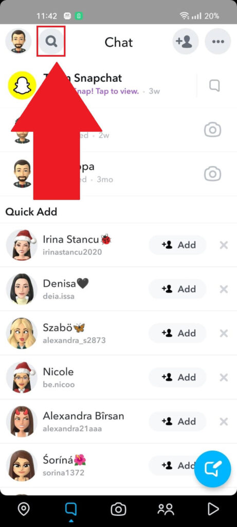 Snapchat Chats page showing the "Search" icon highlighted in red