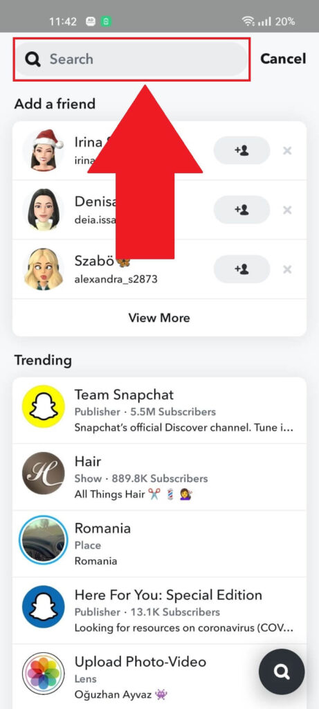 Snapchat Search page showing the search bar highlighted at the top of the page