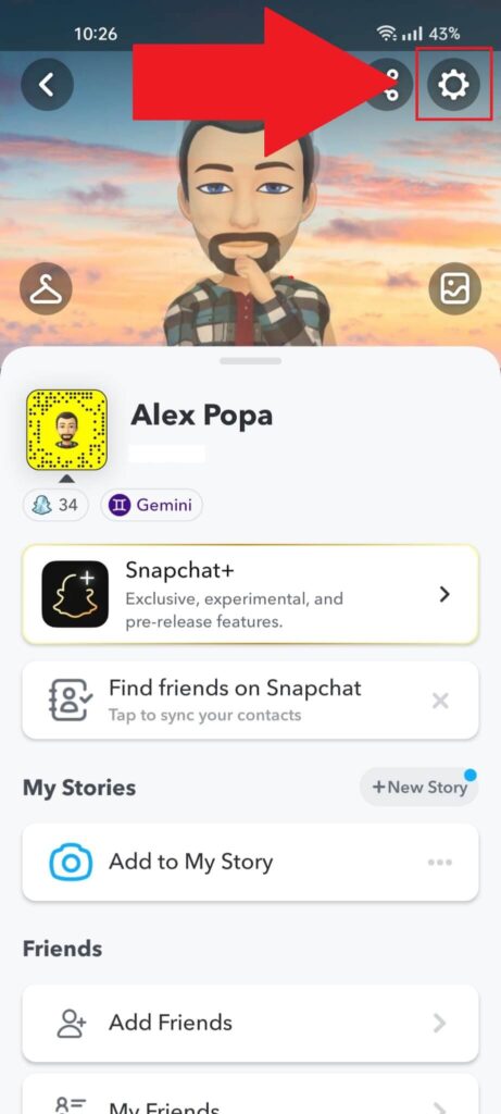 Snapchat profile page showing the Gear icon highlighted in red
