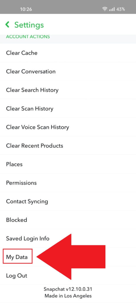 Snapchat settings page with the "My Data" option highlighted in red