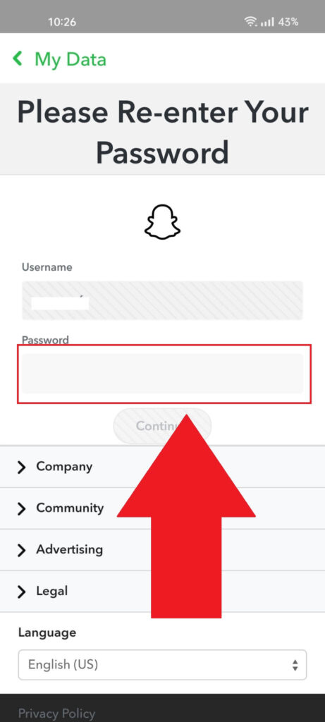 Snapchat security page showing the "Password" field highlighted in red
