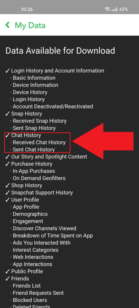 Snapchat page showing the account data you receive once you make a request to Snapchat support, and the "Chat History" highlighted in red