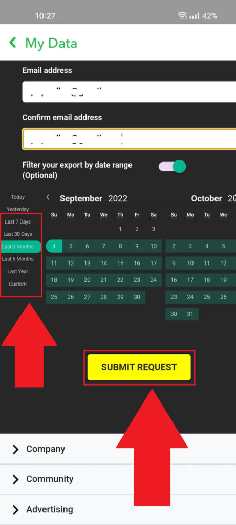 Snapchat "My Data" page showing the "Period" menu and the "Submit Request" option highlighted  