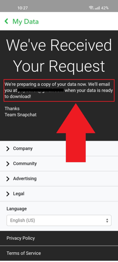 Snapchat "My Data" page showing a notification that the support team will send you the requested data soon