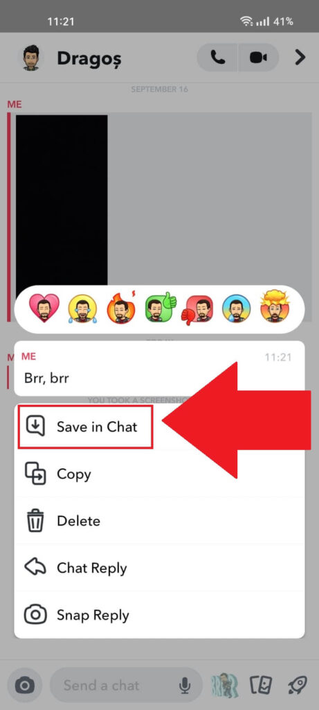 Snapchat chat page showing the "Save in Chat" option highlighted in a menu window