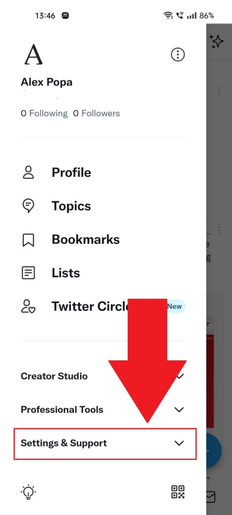 Twitter profile settings showing the "Settings & Support" option highlighted in red